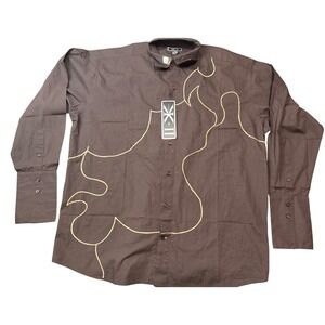 VTG KX Mens 3XL Brown Long Sleeve Button Up Shirt Flame Design Embroidered NWOT